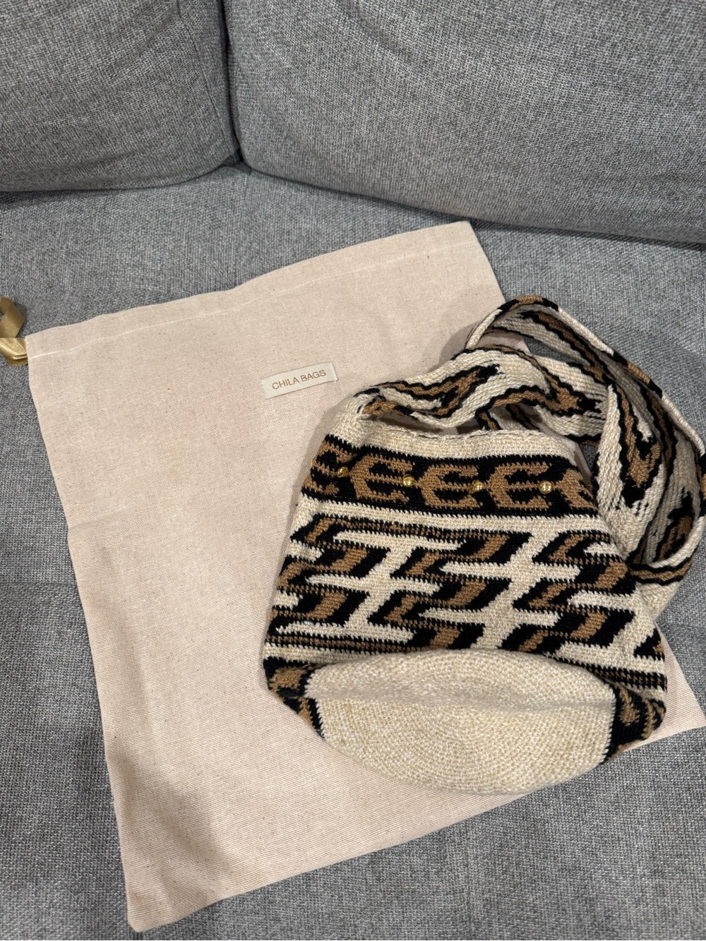 Beige and Black Woven Satchel Shoulder Bag